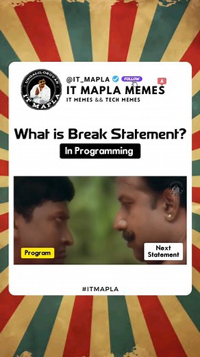 IT Mapla | IT/Tech Memes | 100K on Instagram: "What is Break Statement in programming 👇 In programming, the "break" statement is used to exit or terminate a loop prematurely. When encountered within a loop (such as "for" or "while"), the "break" statement immediately ends the loop's execution, and the program continues with the next statement after the loop. Do follow and support: @it_mapla #programming #coding #programmer #python #developer #javascript #technology #code #java #coder #html #com