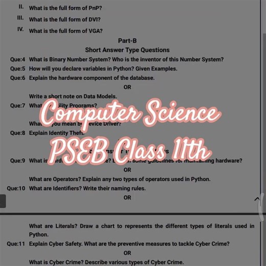 Class 11th Computer Science PSEB 2026