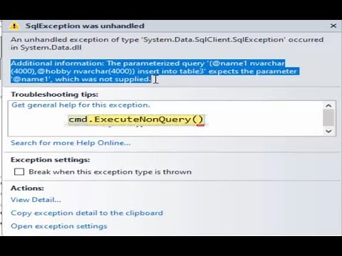 Visual Basic .Net Solve error expects the parameter which was not supplied in SQL server Database .
