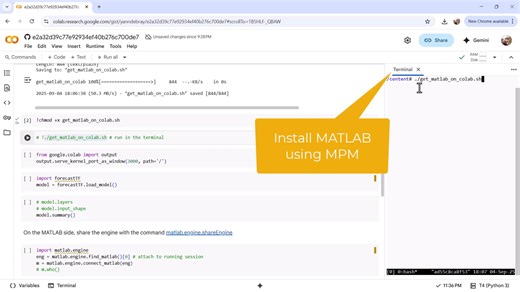 Train in MATLAB on Google Colab, export to TensorFlow or ONNX, and call your model from Python. All within the same environment! Follow these steps: 1️⃣ Connect your notebook to a GPU runtime 2️⃣ Open the terminal & install MATLAB in two lines 3️⃣ Add Deep Learning Toolbox (and friends) 4️⃣ Launch MATLAB & verify the GPU 5️⃣ Hands-on: Time-Series Forecasting with an LSTM 6️⃣ Export the network to TensorFlow 7️⃣ Round-trip test in Python | MATLAB