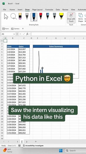 How to visualize data with Python in Excel. 🤯 Join the waitlist for my new AI For Excel course to learn how to easily write Python code in Excel using the link in my profile. #excel #exceltips #exceltricks #spreadsheets #corporate #finance #workhacks #tutorial #sheets #ai #copilot #chatgpt #python