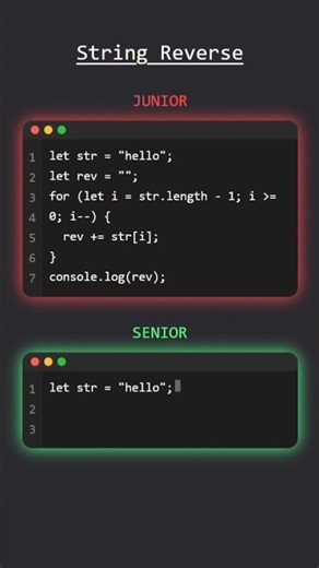Junior vs Senior: Reverse String in JavaScript💻🔥 #coding #javascript #short