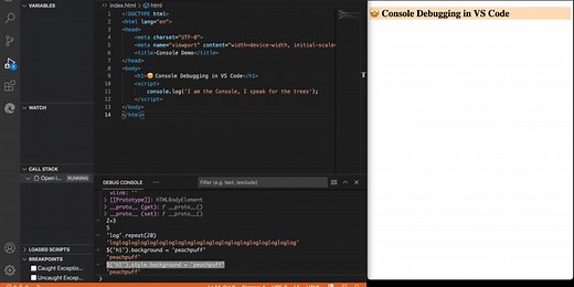 Using console.log() debugging in Visual Studio Code