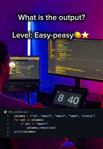 Day 15 of Python - Lists Basics Turns out I can't even remove duplicates from a list 💀 Can you? What I learned today: \t• creating lists with [] and accessing elements by index \t• mutable vs immutable — and why lists and strings are different \t• modifying lists in-place with .append() .insert() .pop() .remove() \t• using in to check membership before things crash \t• building a script that manages column names safely #learnpython #pythonprogramming #datascience #tech #coding