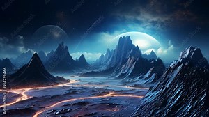 Alien landscape with jagged mountains and glowing planet, sci-fi concept