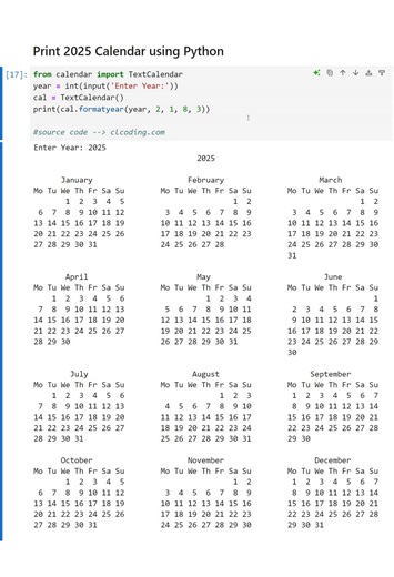 Print 2025 Calendar using Python | Python Coding