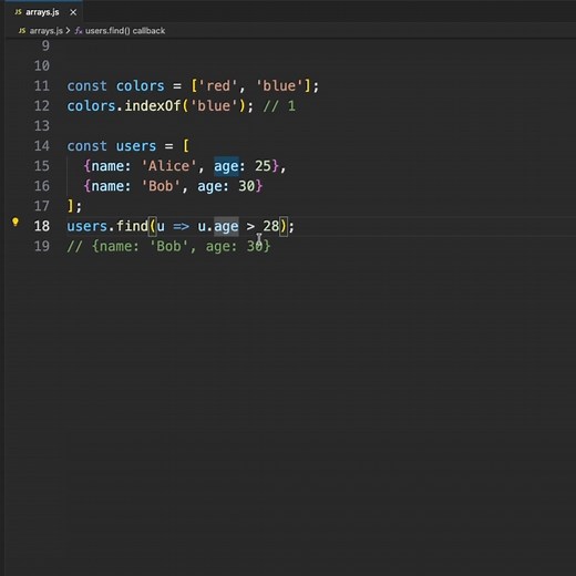 Master JavaScript array search methods! Learn when to use includes(), indexOf(), and find() 🔍 ✅ includes() - Check if value exists ✅ indexOf() - Get the position/index ✅ find() - Search with conditions Perfect for beginners learning JavaScript arrays! 👉 Follow for daily JavaScript tips 💾 Save this for later https://youtu.be/bEHJ0l7mnLw | Fullstack Flow