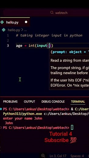 🔢 How to Take Integer Input in Python | Beginner Friendly | #shrots #ytshorts #youtubeshorts