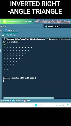 Java Program to Print an Inverted Right-Angle Triangle Pattern | Pattern Printing in Java#coding