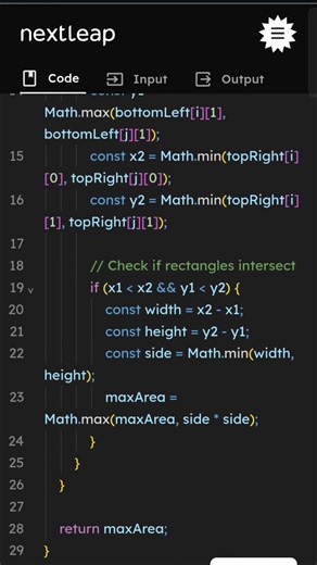 Maximum Square Area in Intersecting Rectangles | JavaScript DSA Problem Explained | Array + Geometry