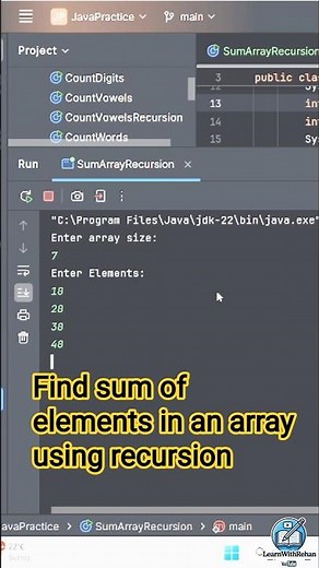 Find sum of elements in an array using recursion#coding #learnwithrehan #javaprogramming