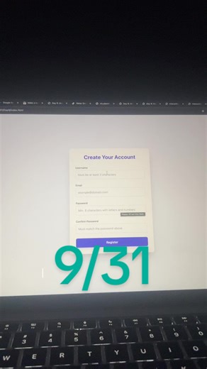 Part 9: we’re creating an Interactive Registration Form that validates user input (username, email, password) using JavaScript, providing error messages in real-time without submitting the form. 💻 HTML Structure (index.html) This structure uses Tailwind CSS to lay out the form fields and reserve space for the validation feedback#htmlcss #fypシ゚viral🖤tiktok #registration #creatorsearchinsight #website