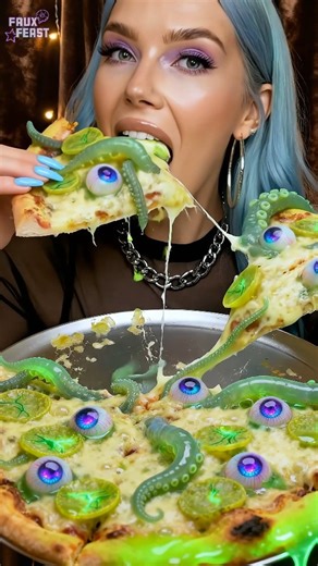 I finally tried alien pizza… and yes, the toppings were staring back at me. 👽🍕 The “eyeballs” were like candy, the tentacles were like gummies, and the whole thing was way too good for something that looks straight out an alien movie. Would you take a bite or nope? #asmr #alienpizza #weirdfood #satisfyingvideos #galaxyfood #fantasyfood | Faux Feast