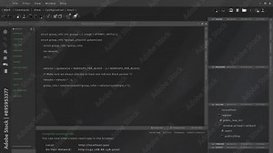 Interactive user interface designed for computer scientists, showcasing animated code in JavaScript programming language. 3D rendering of coding software UI used by engineers doing debugging