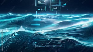 Real-time data visualization overlays show ocean waves illuminated by a sunset glow, highlighting technological advancements in marine research.