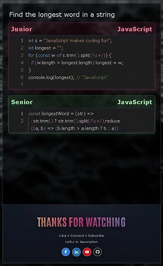 Longest Word in JavaScript | Junior vs Senior (Loop vs Reduce)