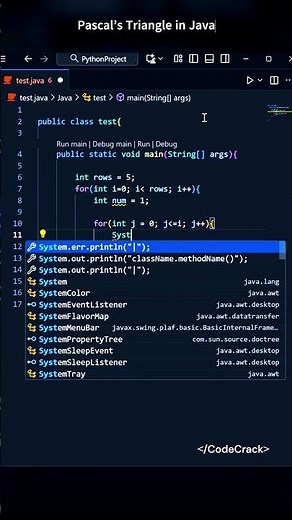 Pascal’s Triangle in Java | Pattern Printing for Beginners | CodeCrack Shorts