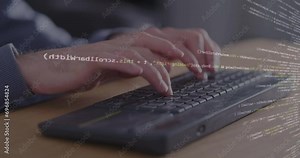 Programmer is writing computer code on keyboard, close-up. Concept of work of IT-specialist, speed of typing lines of code.