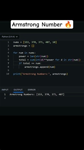 Armstrong Number Program in Python 🔥 | Armstrong Number #coding #python #programming #shorts