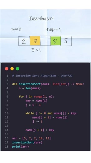 Insertion Sort Algorithm Simplified 🙂‍↔️ #python #coding #sorting