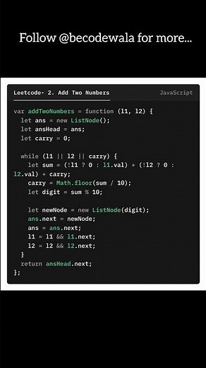 ⚡ Leetcode 2: Add Two Numbers | Best JavaScript Linked List Solution 🚀💻
