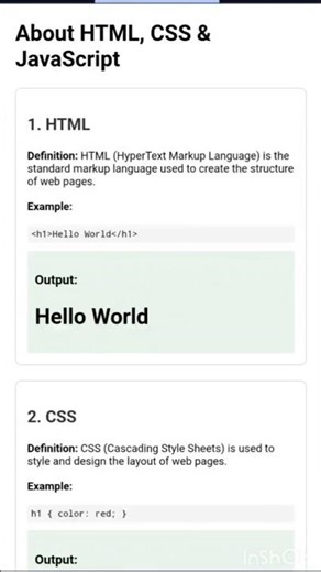 HTML, CSS, JS Explained with Example & Output | Basics for Beginners #education #shorts #coding #fyp