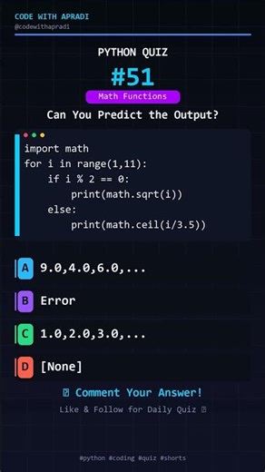Python Quiz: Square Roots and Ceil Functions Challenge #shorts #python #coding