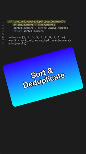 Make sorting and deduplication a breeze with Python sets and sorting! 🚀💡 --- Get the Python for AI course 6 projects at the link in bio. 🐍