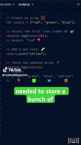 Intro to Arrays in JavaScript #JavaScript #CodingForBeginners #LearnToCode #WebDev #CodeShorts