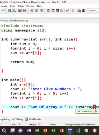 SUM OF ARRAY USING FUNCTION The program uses a function to iterate through the array and calculate the total. It is a simple yet effective demonstration of combining arrays with functions.