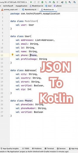 Convert Json String into Kotlin data class code quickly | Android Studio
