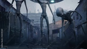 Alien explorers land on a desolate planet that died after the apocalypse. The apocalyptic atmosphere of the dead planet. The animation is perfect for apocalyptic, sci-fi and space backgrounds.