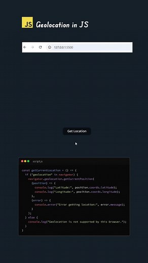 🔥 Get Current Location 🌍 in JS | Know More👇🏻 This JavaScript code checks if the browser supports geolocation, then fetches the user's current location (latitude & longitude) and logs it to the console. navigator is the global object in the browser that provides web API functionalities (like geolocation, clipboard etc.). getCurrentPosition(): This method retrieves the user's current location. It requires two callback functions: ⚫ successCallback: Runs when the location is successfully retriev