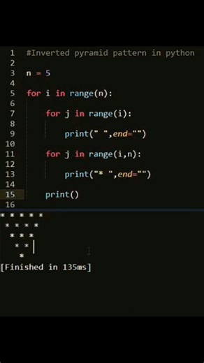 AI agent · Data Science · Web · Apps on Instagram: "How you can create an Inverted Pyramid Star Pattern using Python # Inverted Pyramid Star Pattern rows = 5 for i in range(rows, 0, -1): spaces = rows - i print(' ' * spaces + '* ' * i) Output: * * * * * * * * * * * * * * * Tags: #python #programming #pattern #starpattern #codeNewbie #100DaysOfCode #learnToCode"