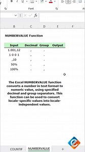 Convert Text to Numbers with NUMBERVALUE Function in Excel Learn how to convert text representations of numbers into actual numeric values in Excel using the NUMBERVALUE function. Explore how NUMBERVALUE can help you clean and transform text data for accurate analysis and calculations. Watch, learn, and enhance your data manipulation capabilities with NUMBERVALUE! 💻🔢🚀 Excel Formulas Unleashed #ExcelTips #NUMBERVALUEFunction #DataManipulation #SpreadsheetSkills #ExcelMagic" | Excel Formulas Un