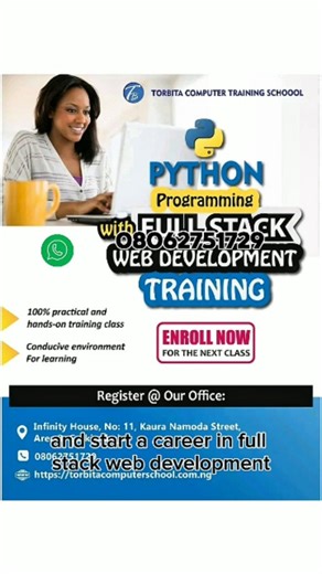 💻 PYTHON PROGRAMMING WITH FULL-STACK WEB DEVELOPMENT TRAINING AT TORBITA COMPUTER TRAINING SCHOOL Do you reside in Abuja? Are you ready to transition into tech and build a career in Full-Stack Web Development? What are you waiting for? Torbita Computer Training School offers 100% practical, hands-on training designed to make you job-ready. 🛠️ What You Will Master: ✅ Front-End Technologies: Dive into HTML, CSS, JavaScript, and React.js ✅ Back-End Technologies: Explore Python and Django ✅ Databa
