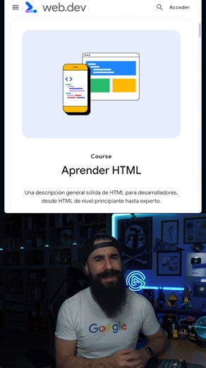 Tres cursos oficiales de GOOGLE para aprender a programar ↓ ✅ Gratis ✅ En español ✅ Desde cero 🟠 Curso de HTML Guía general y sólida de HTML, desde nivel principiante hasta experto, a través de 22 lecciones. HTML se utiliza para crear el contenido de una web y definir la estructura de una página. 🔵 Curso de CSS Guía completa de CSS con módulos que abarcan todo en 30 lecciones. CSS se utiliza para definir la apariencia y el formato de una web: colores, fuentes, márgenes y mucho más. 🟡 Curso de